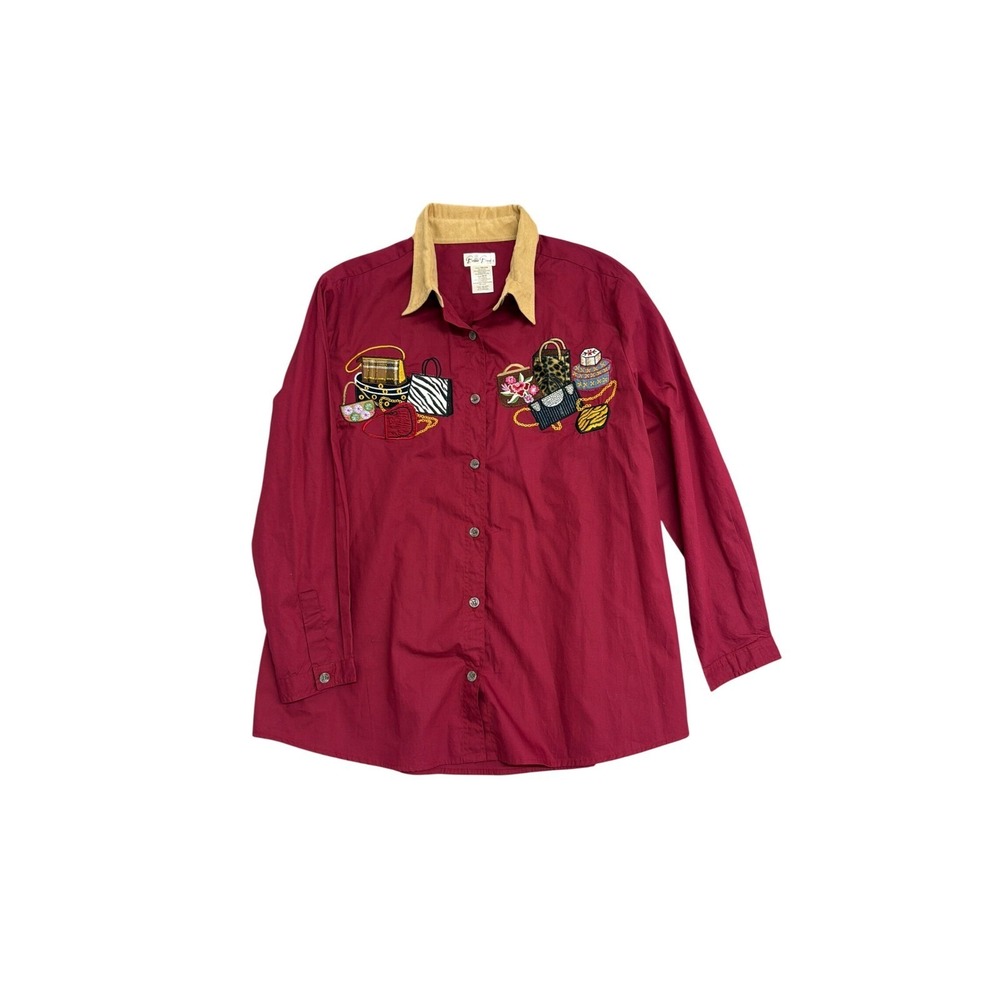 Bobbie Brooks Woman Berry Red Embroidered Handbag Shirt Tan Collar 18W/20W